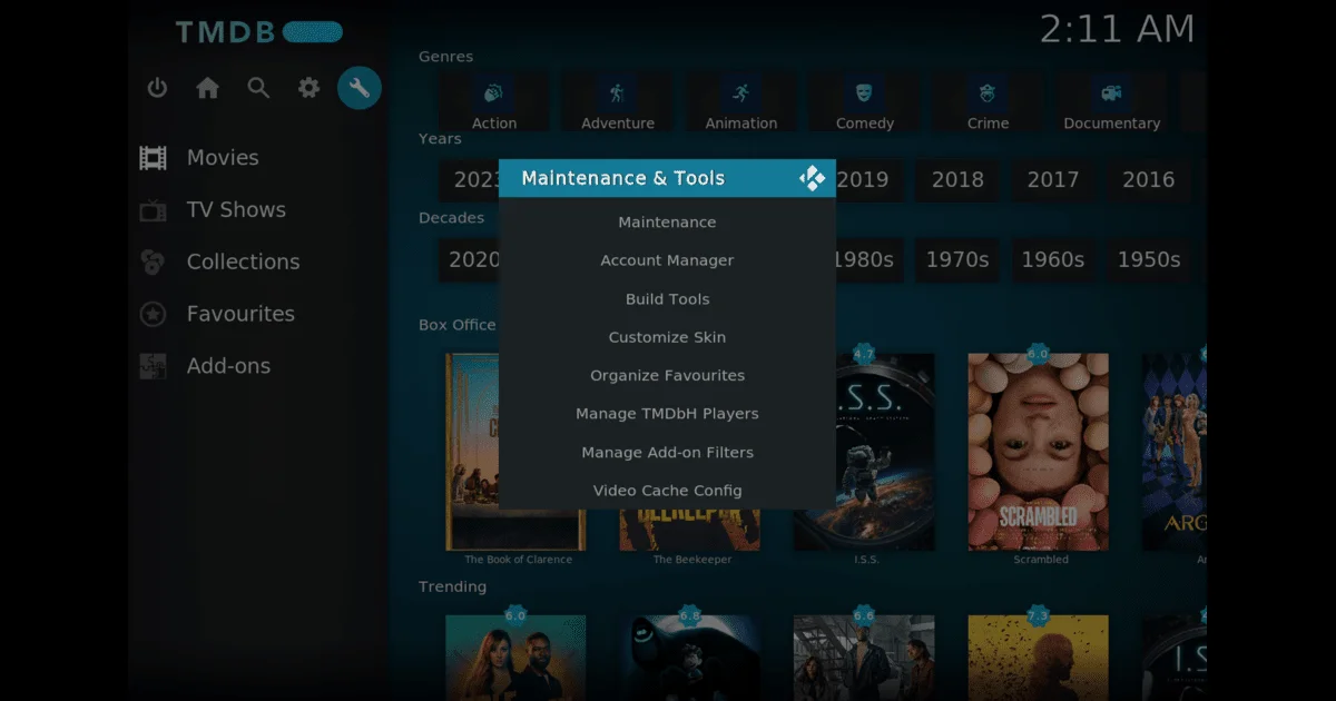 Estuary Kodi build Maintenance & Tools menu