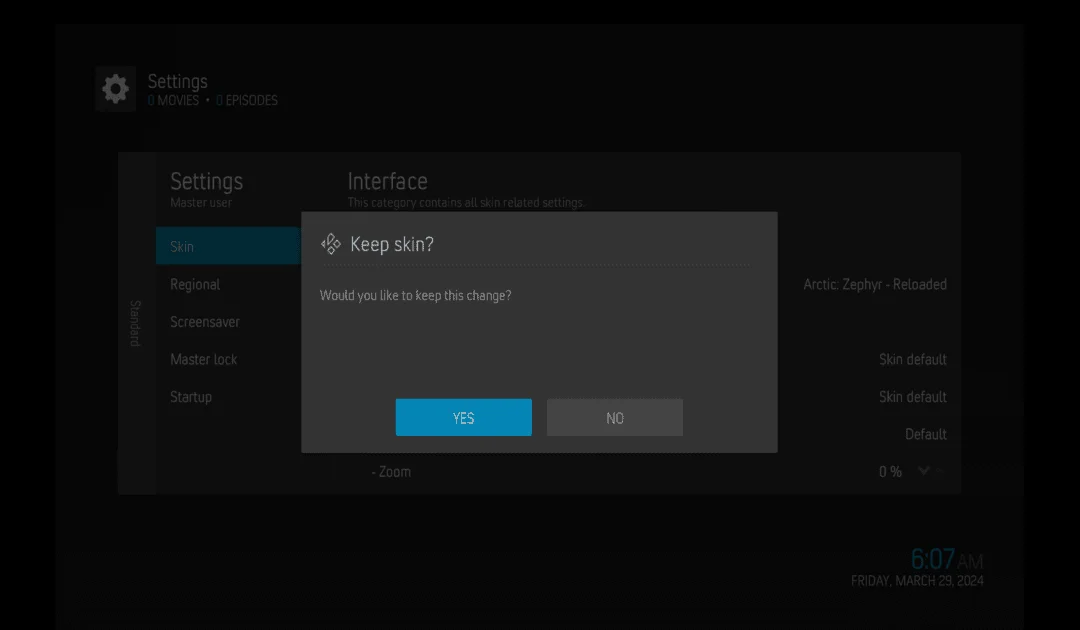 installing Arctic Zephyr Reloaded kodi skin 