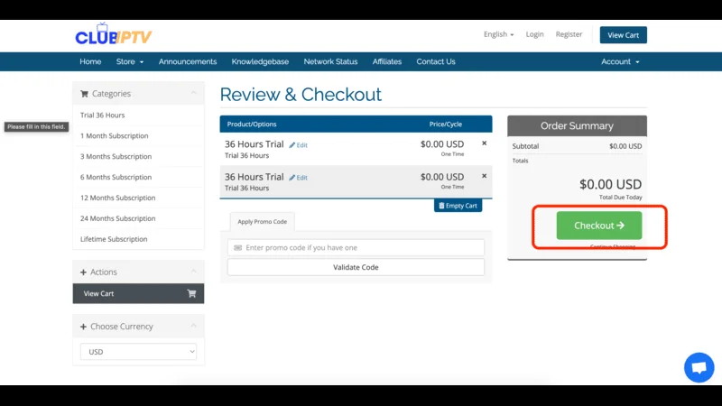 Checkout page - IPTV Free Trail