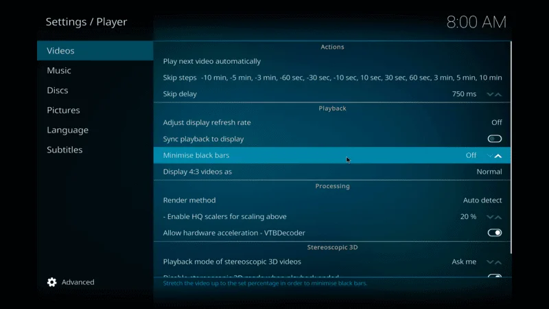 Kodi video player setting