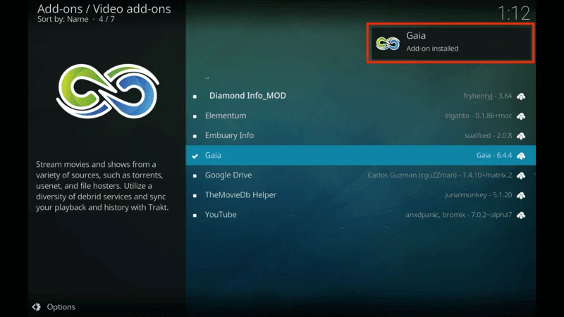 Gaia Kodi Addon Interface